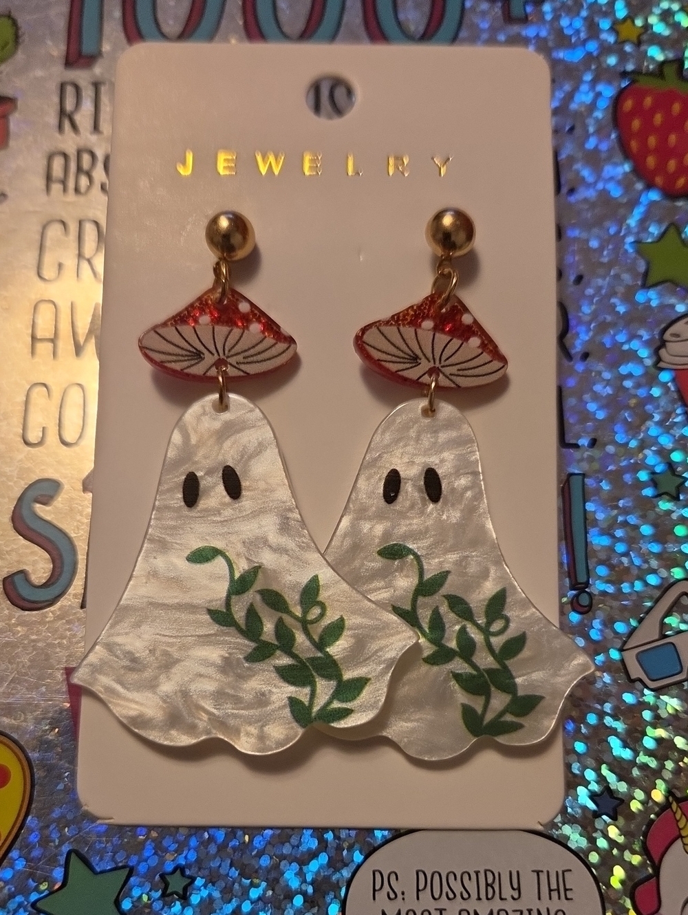 Ghost & Mushroom Dangle Earrings - White with Green & Red